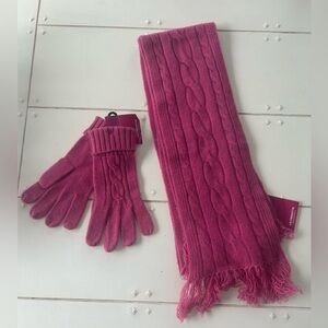 Liz Claiborne Cashmere Fuchsia Cable Knit Scarf and Gloves Set